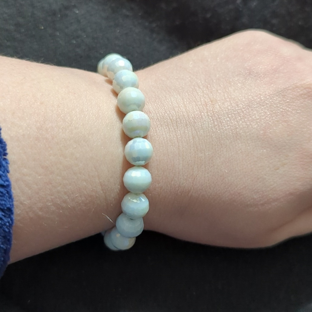 White Iridescent Faceted Beaded Stretchy Elastic Statement Bracelet